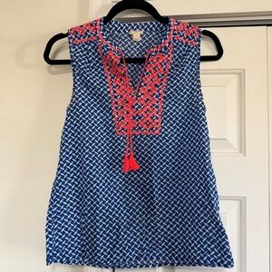 J.Crew Blue Bright Pink Embroidered Sleeveless V Neck Blouse Size O Petite